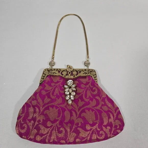 VINTAGE - ANTIQUE Bridgerton Hipster FUCHSIA Embellished Gold Details Clutch Bag - Picture 1 of 17